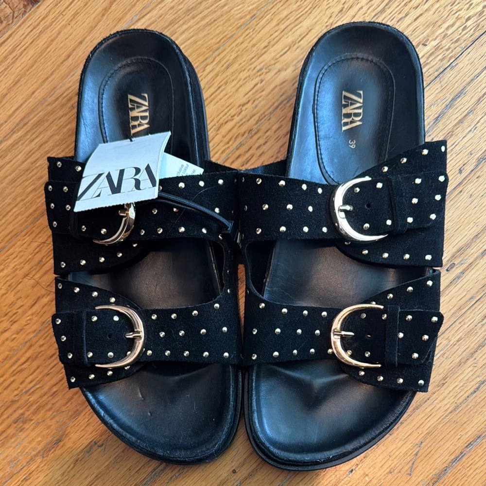 Zara Black Double-Buckle Slide Sandals